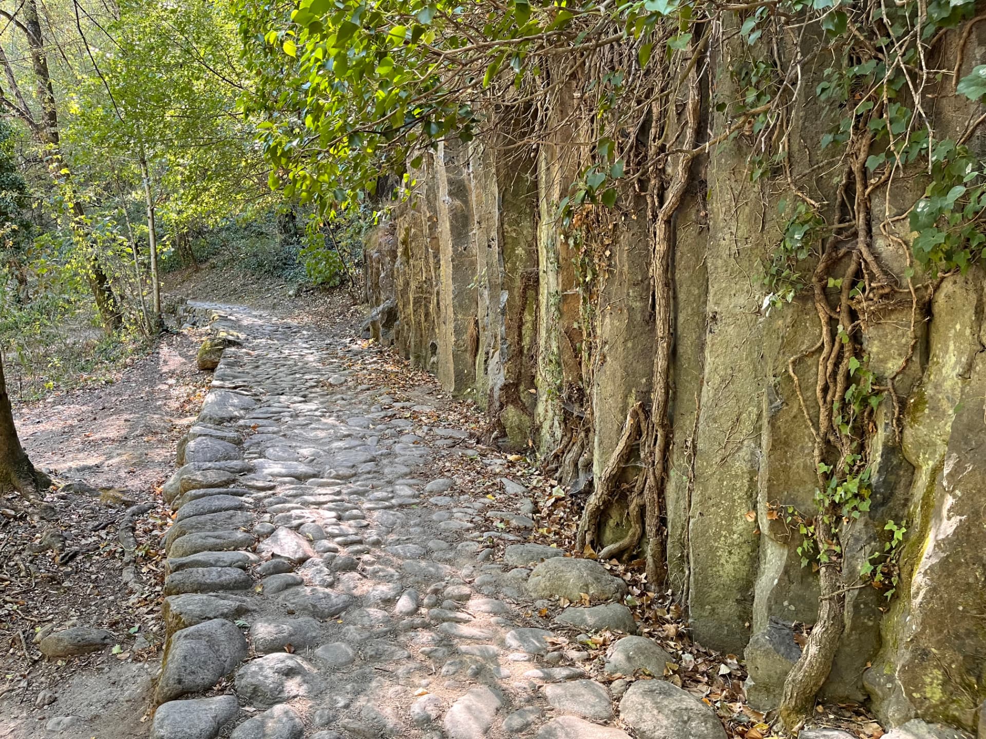 Ancien chemin pavé longeant une paroi rocheuse à Jaujac