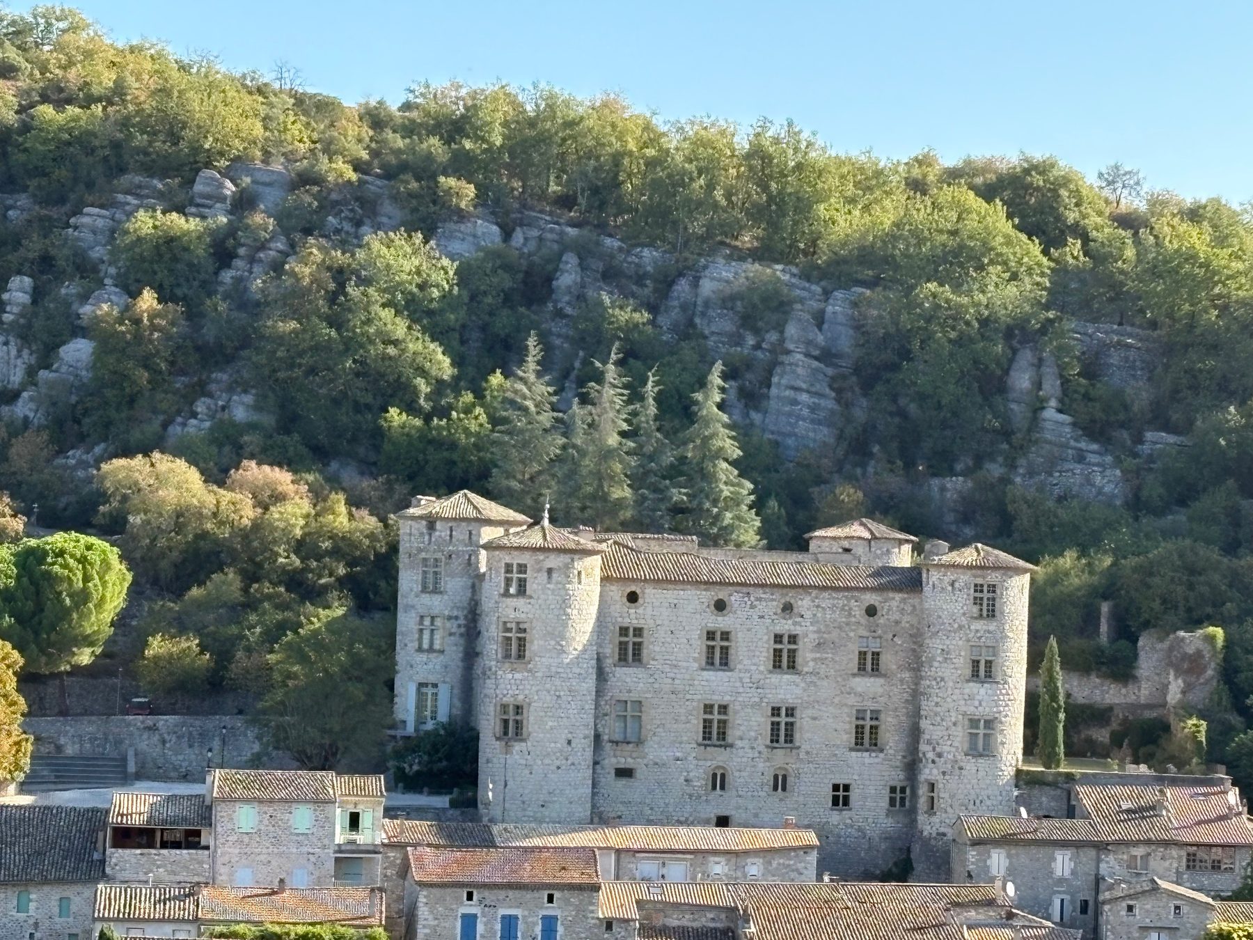Le château de Vogüé en détail, ses quatre tours et ses toits de tuiles devant la falaise calcaire boisée