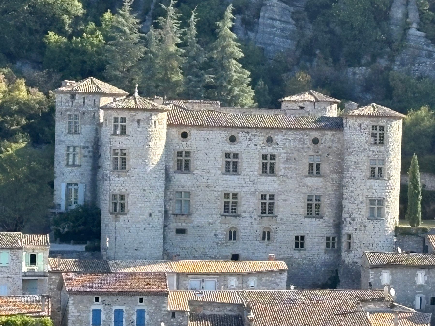 Vue rapprochée du corps de logis du château de Vogüé, ses fenêtres à meneaux et ses quatre tours