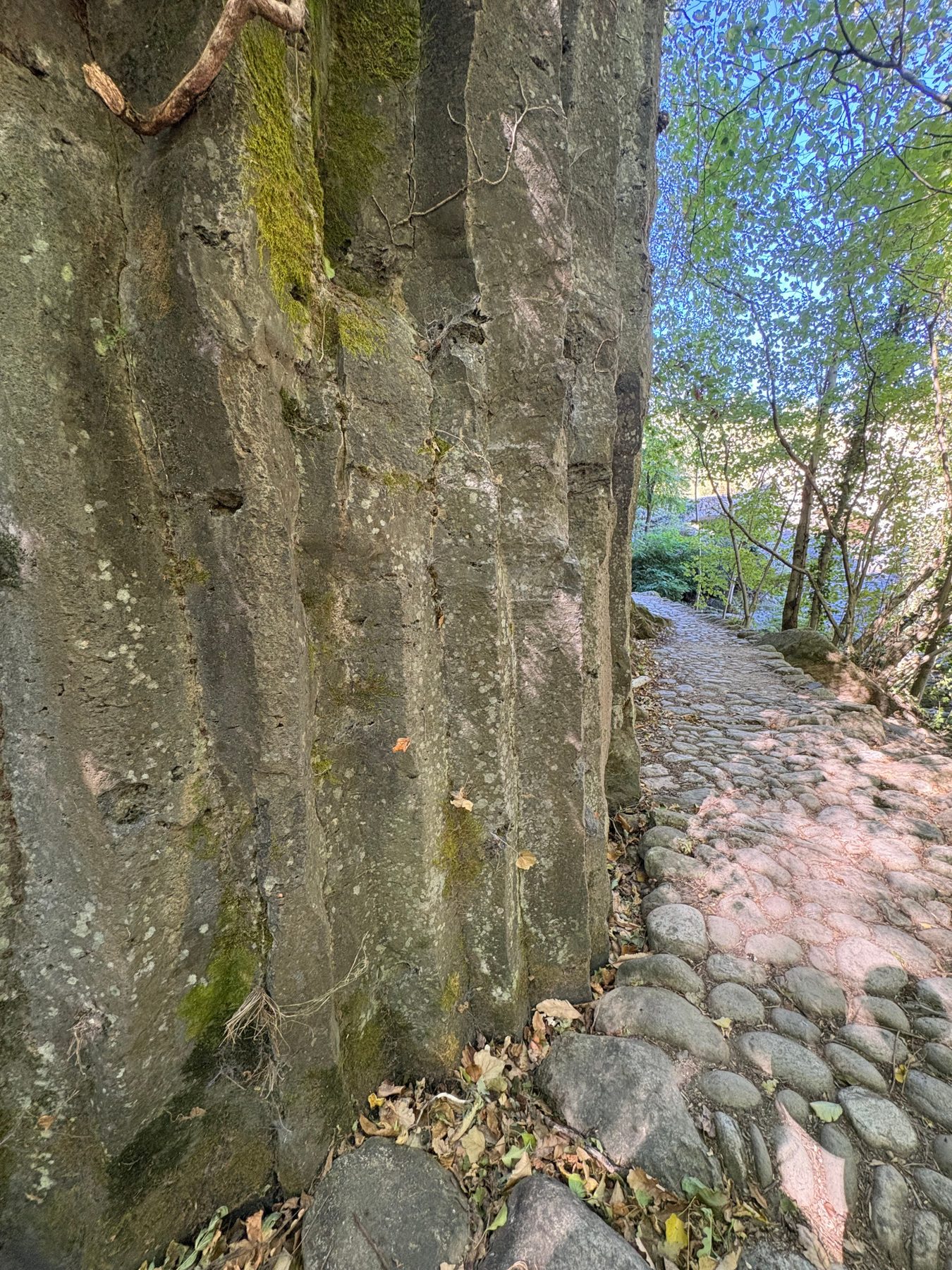 Chemin pavé de galets longeant le pied des colonnes basaltiques moussues, sous les feuillages