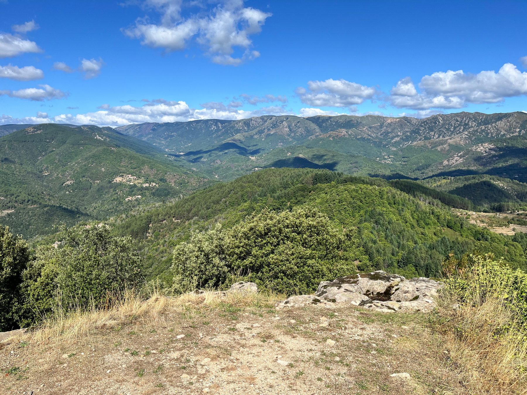 Grande vue ouverte sur des crêtes et des vallées boisées sous un ciel nuageux