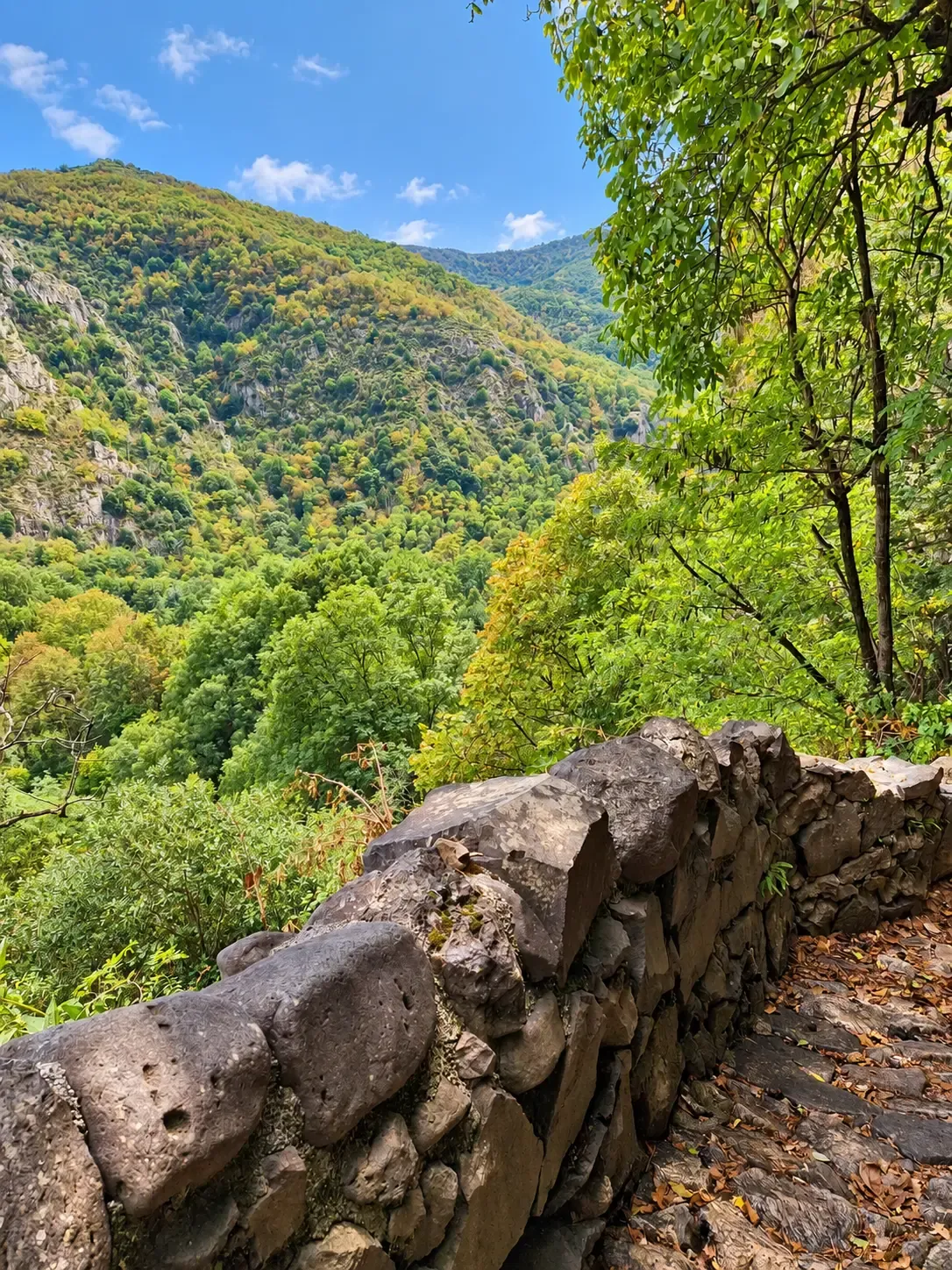 Muret de pierres volcaniques au bord du sentier, face à des montagnes boisées sous un ciel bleu