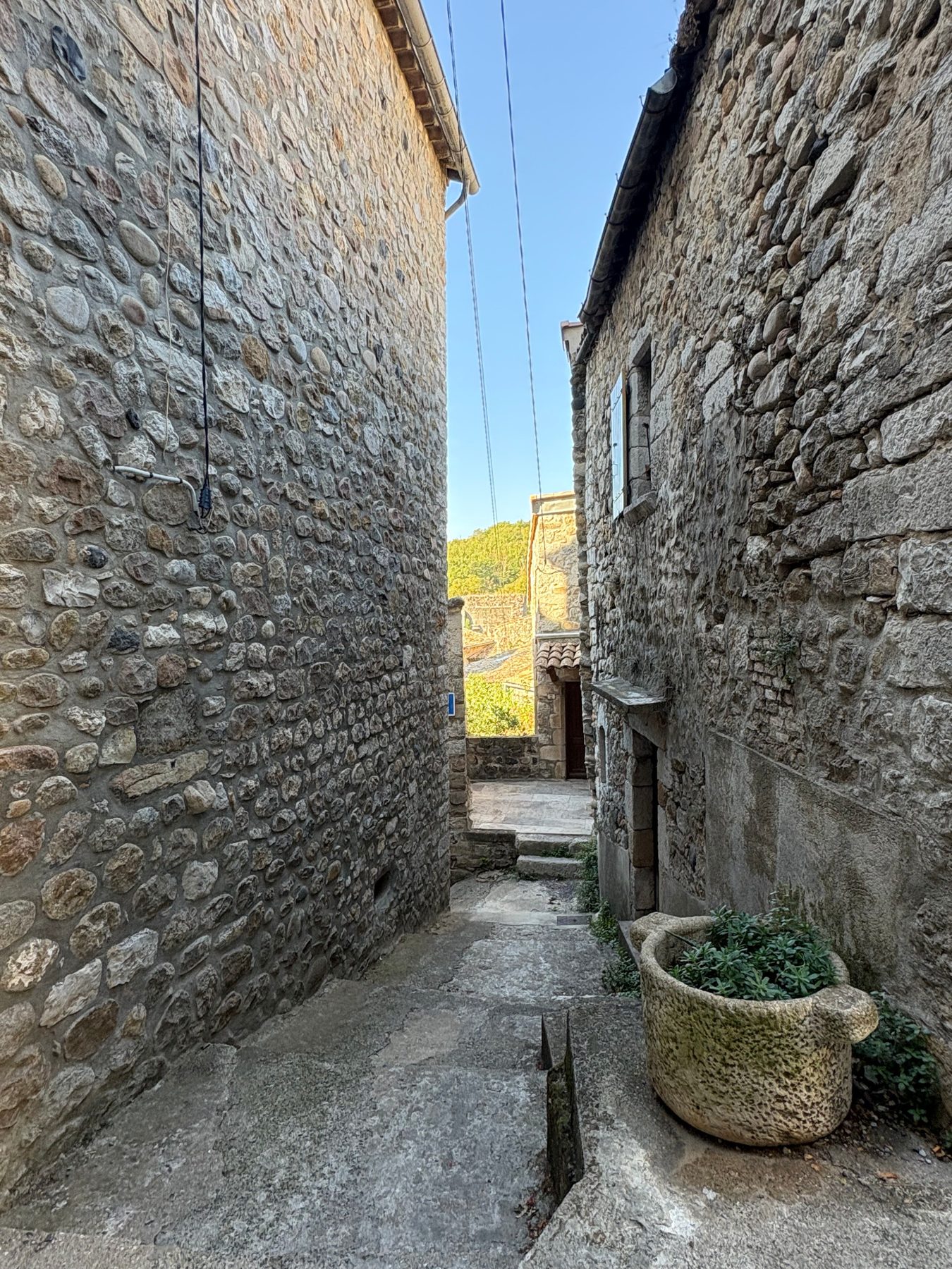 Ruelle étroite pavée entre deux murs de galets à Vogüé, avec une vasque de pierre plantée