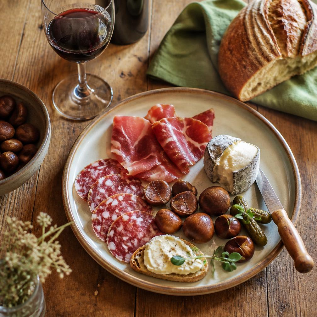 Illustration d'ambiance : table de produits locaux, charcuterie et pain